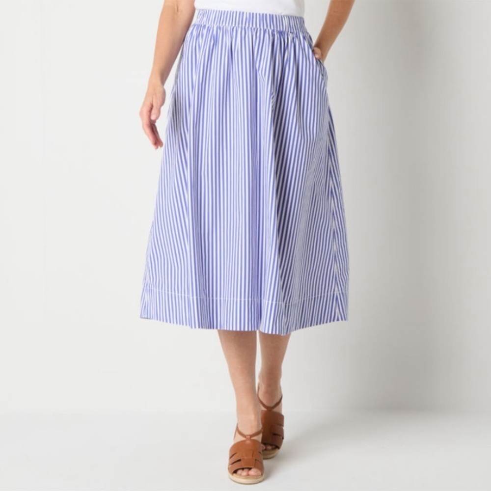 NWT St. John's Bay Womens High Rise Stretch Fabric Midi Full Skirt Coastal